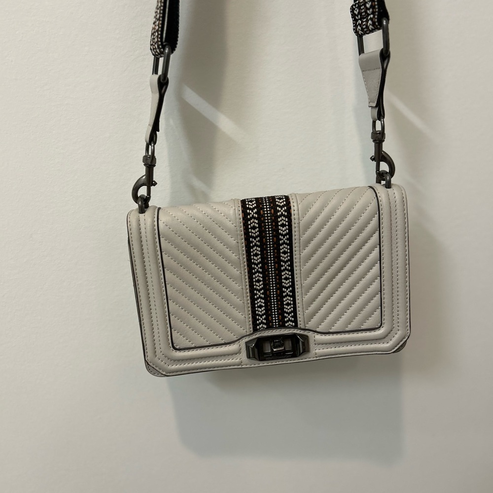 Rebecca Minkoff Jaquard Love Crossbody in Grey with Guitar Strap